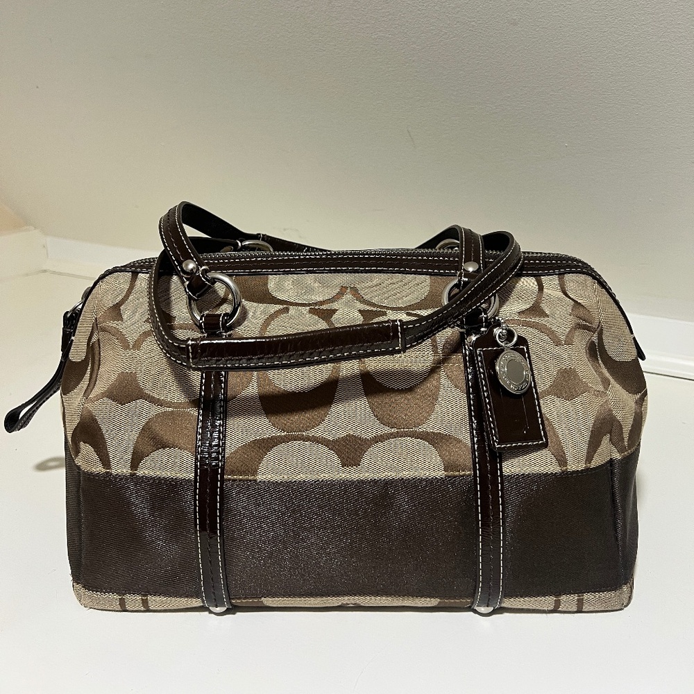 Coach Signature Brown Canvas Leather Trim Zipper Closure Satchel Shouder Bag